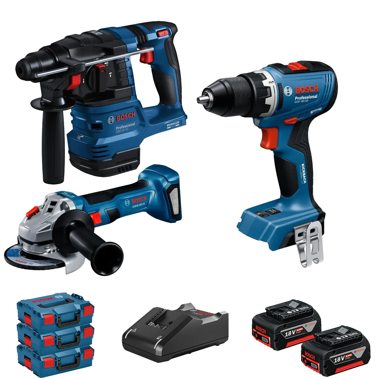 Set 3 Elettroutensili Bosch GSR + GBH + GWS 18V 5Ah